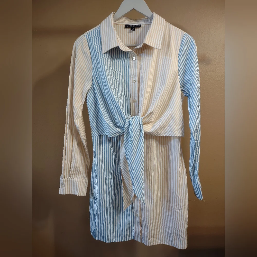 Blue Blush Striped  Button Down T Shirt Dress